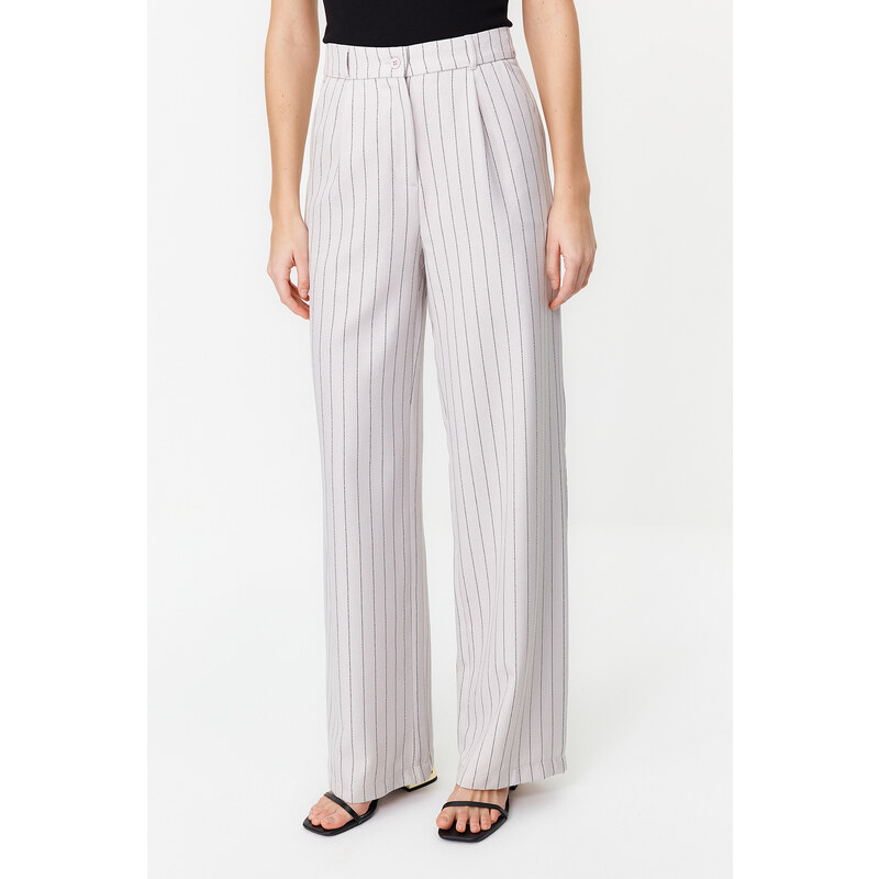 Trendyol Gray High Waist Wide Leg Striped Woven Trousers