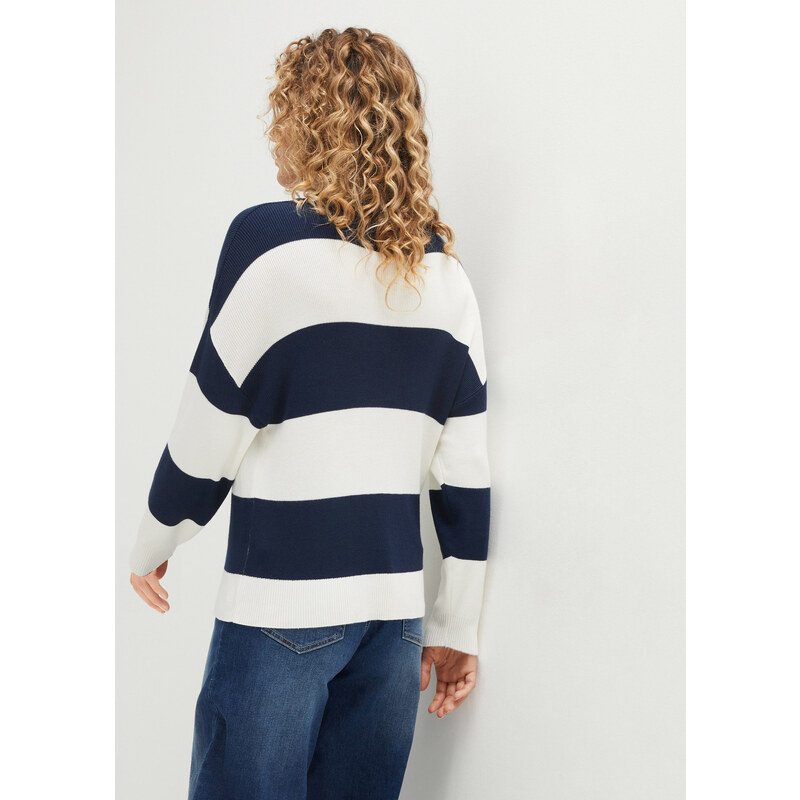 bonprix Jemně pletený svetr s kulatým výstřihem a širokými pruhy Modrá