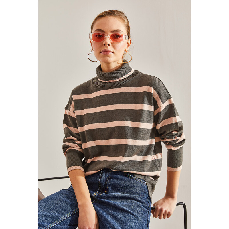Bianco Lucci Women's Turtleneck Striped Sweater