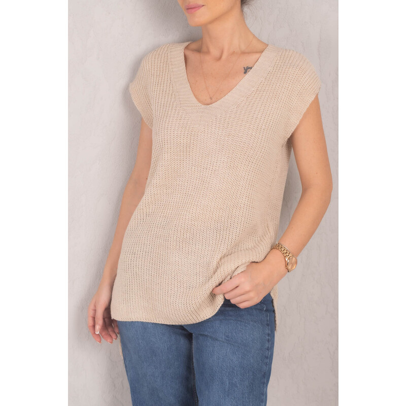 armonika Women's Beige V-Neck Front Short Back Long Sweater