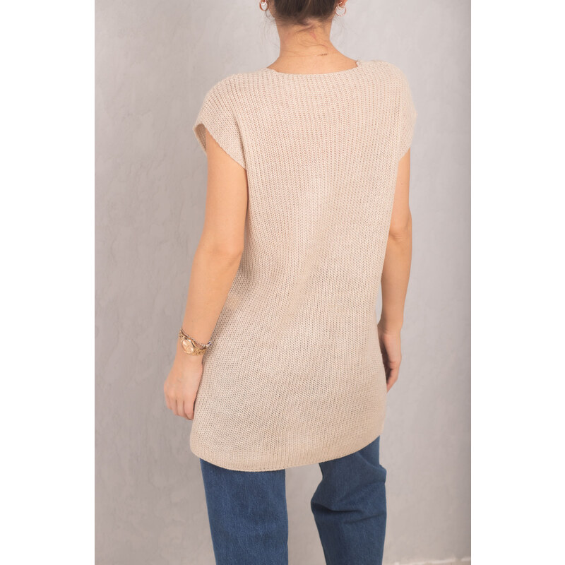 armonika Women's Beige V-Neck Front Short Back Long Sweater