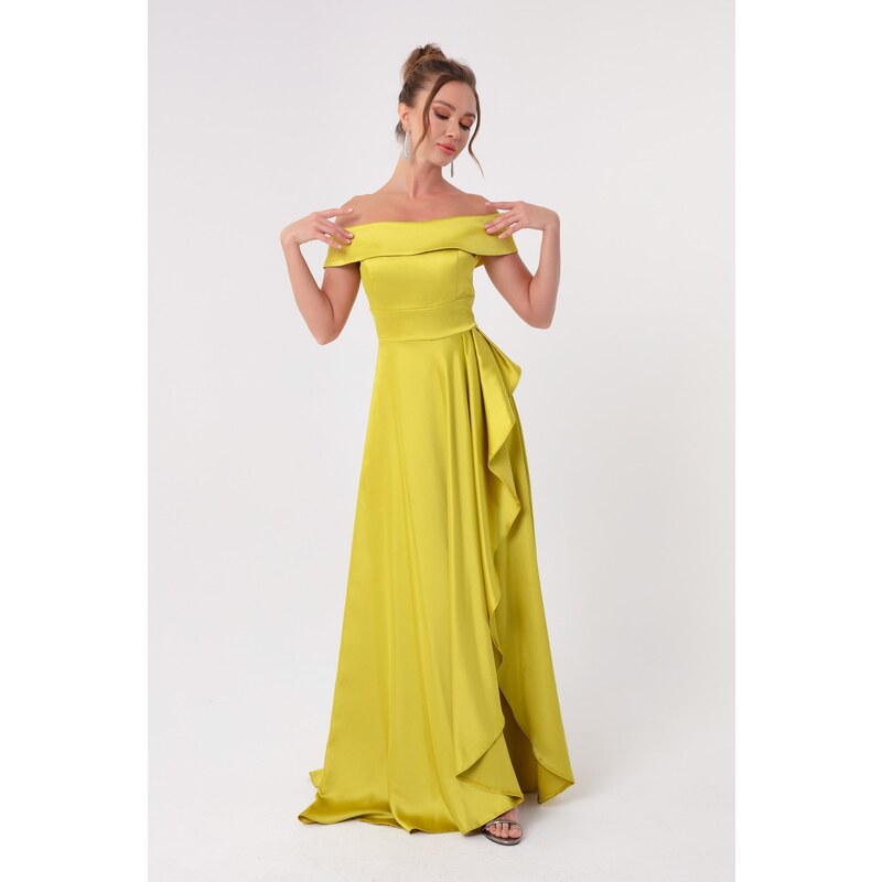 Lafaba Women's Oil Green Boat Neck Satin Evening Dress & Prom Dress