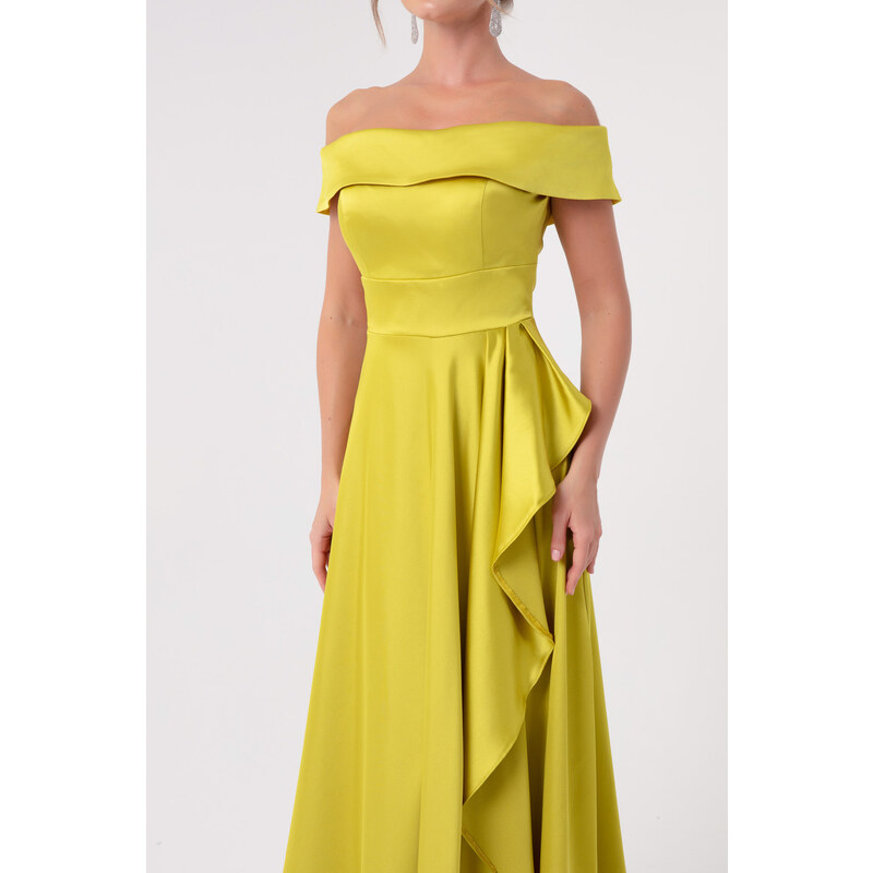 Lafaba Women's Oil Green Boat Neck Satin Evening Dress & Prom Dress