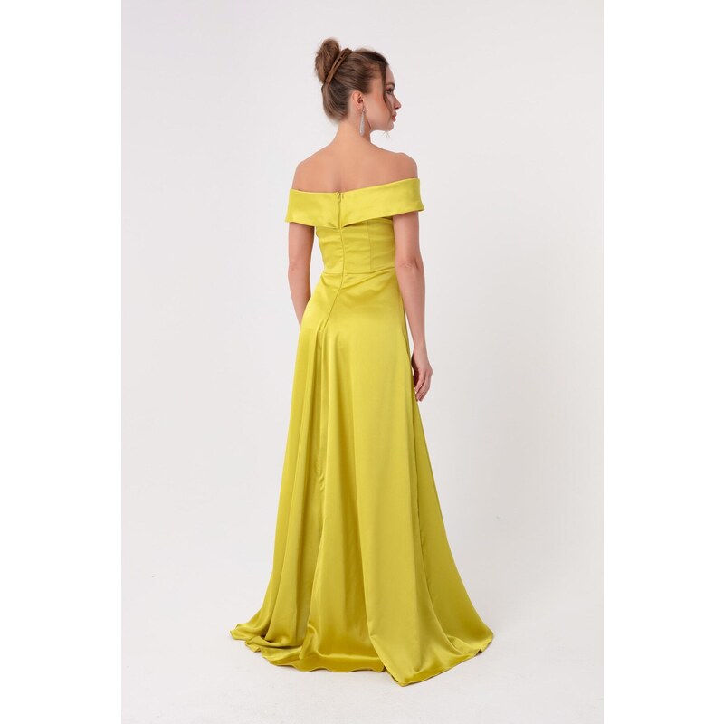 Lafaba Women's Oil Green Boat Neck Satin Evening Dress & Prom Dress