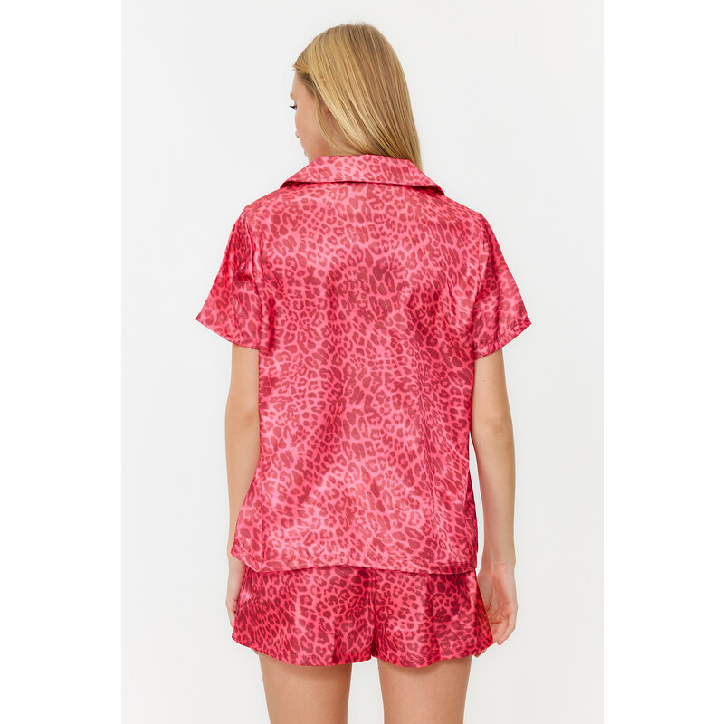 Trendyol Pink Multicolored Leopard Patterned Satin Shirt-Shorts Woven Pajama Set