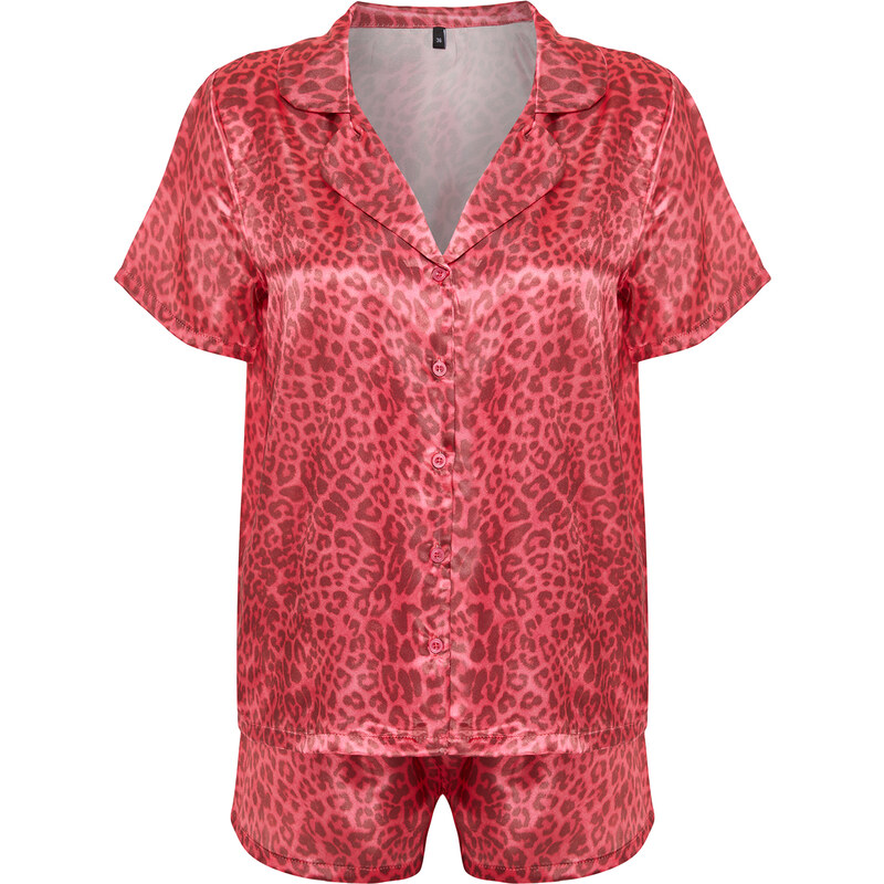 Trendyol Pink Multicolored Leopard Patterned Satin Shirt-Shorts Woven Pajama Set