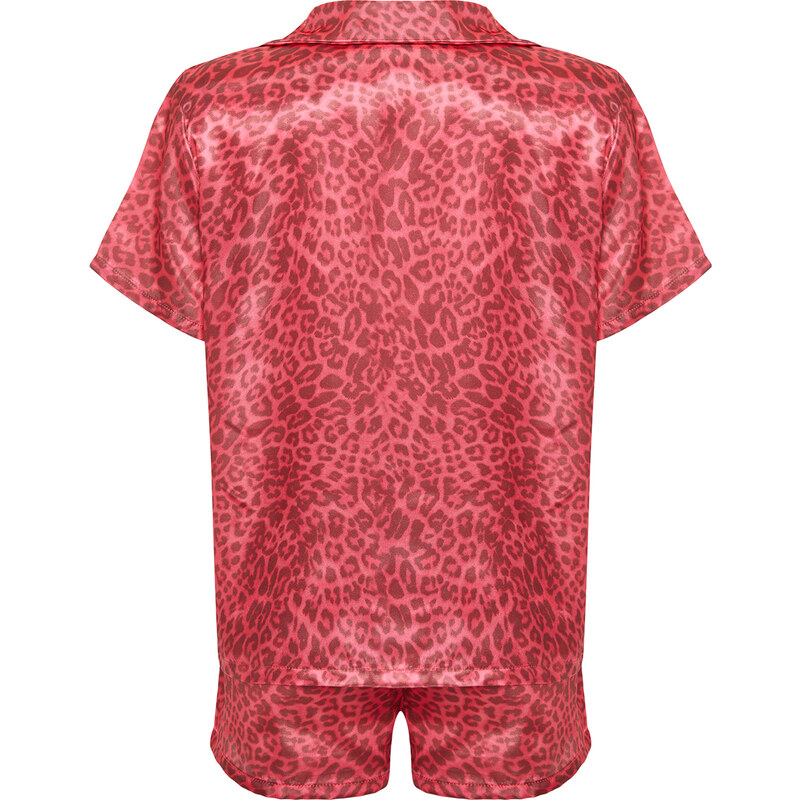 Trendyol Pink Multicolored Leopard Patterned Satin Shirt-Shorts Woven Pajama Set