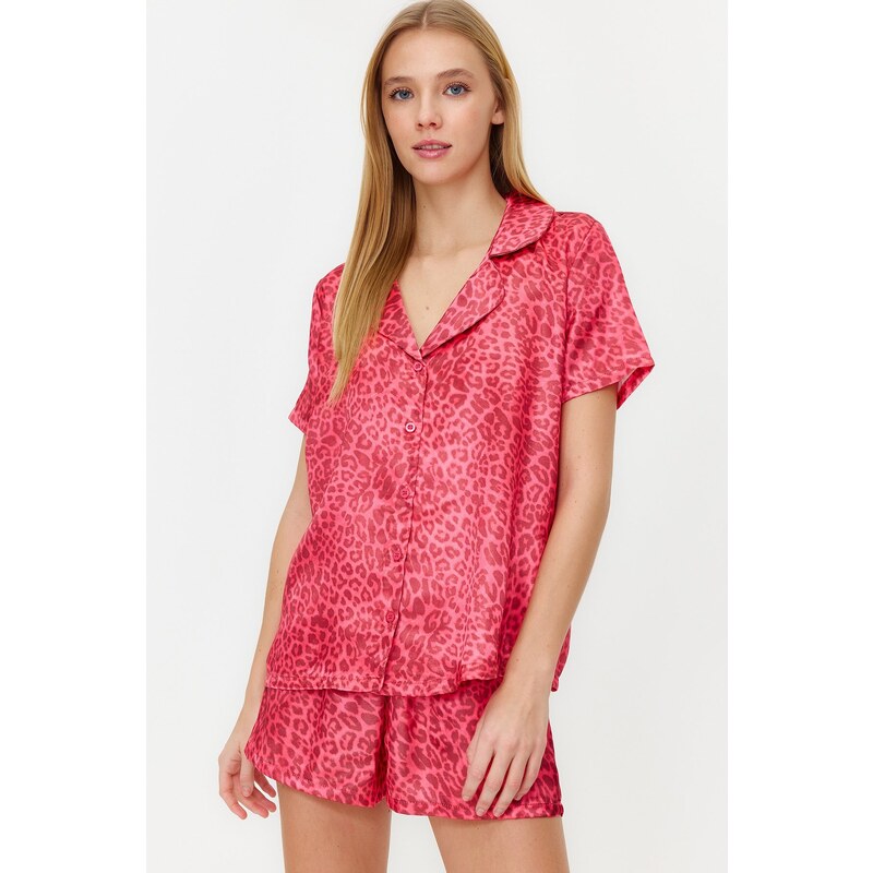 Trendyol Pink Multicolored Leopard Patterned Satin Shirt-Shorts Woven Pajama Set