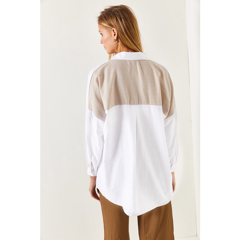 armonika Women's Beige Pocket and Back Stripe Pattern Oversize Long Basic Shirt