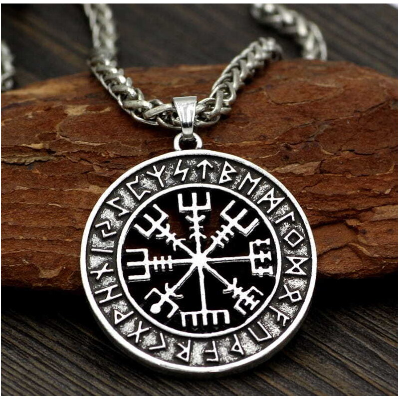 Camerazar Pánský náhrdelník Vegvisir Nordic, stříbrná barva, slitiny kovů, průměr přívěsku 3,2 cm