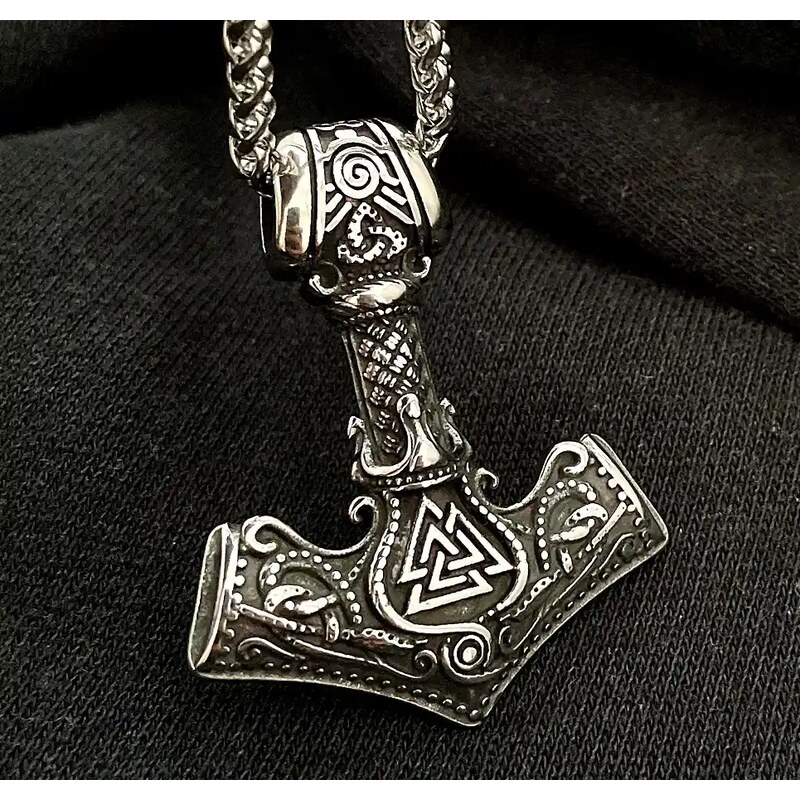 Camerazar Pánský náhrdelník s kladivem Thor Mjolnir, stříbrný, chirurgická ocel, délka řetízku cca cm