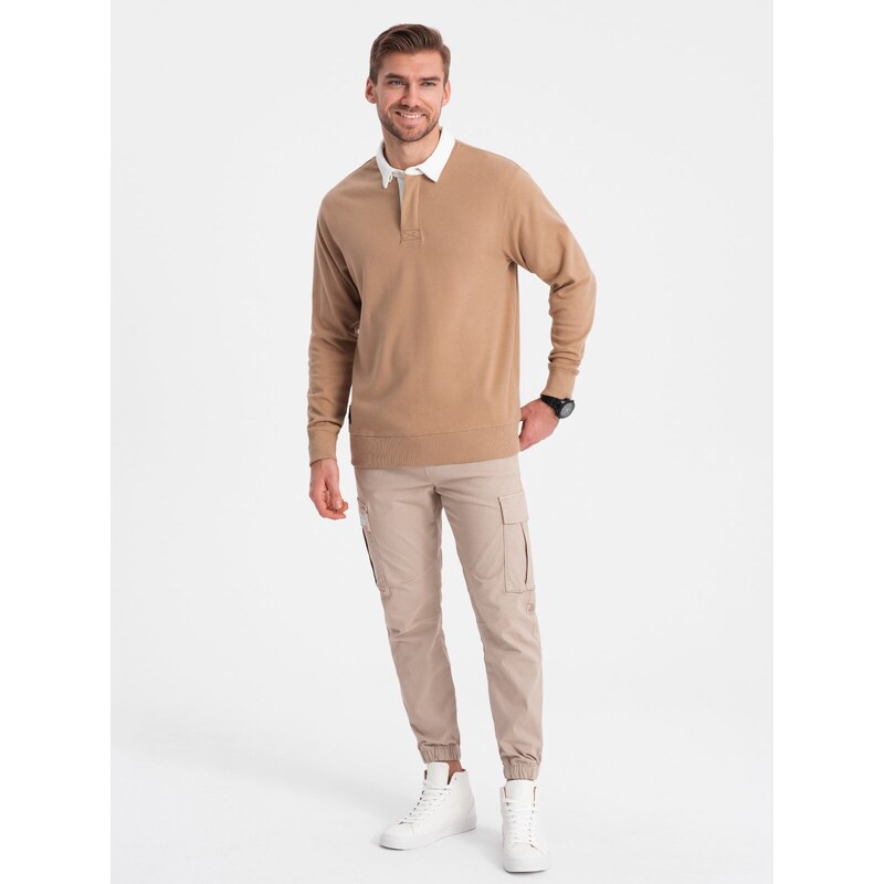 Ombre Clothing Pánská bílá mikina s límečkem - světle hnědá V8 OM-SSNZ-0132