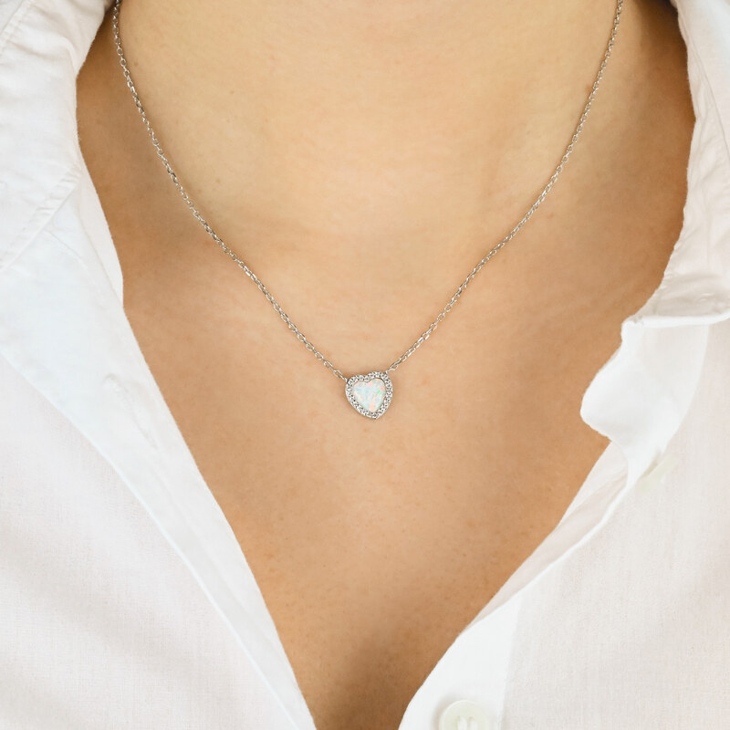 Stříbrný náhrdelník s opálovým srdíčkem zdobeným zirkony - Meucci SN129
