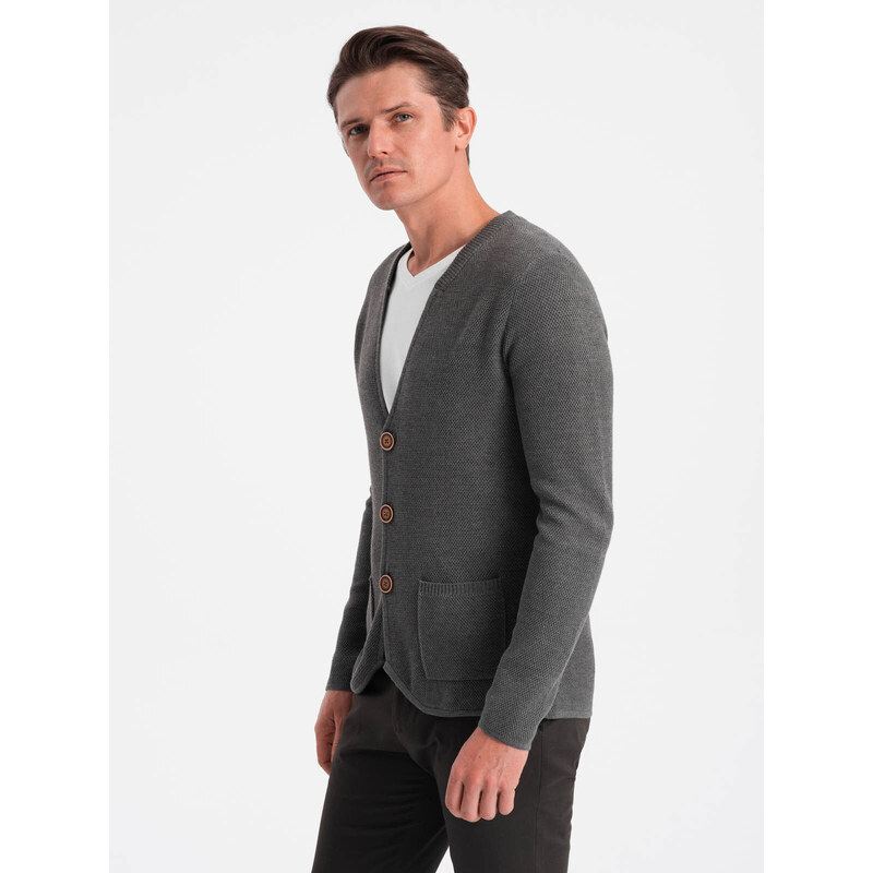 Ombre Structured men's cardigan sweater with pockets - graphite melange