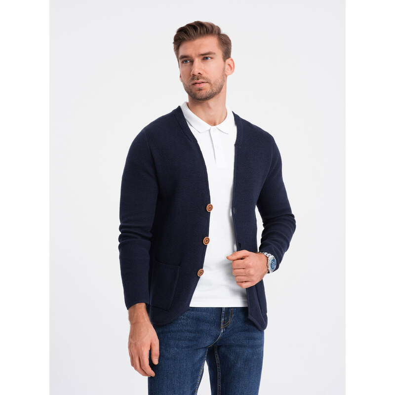 Ombre Men's structured cardigan sweater with pockets - navy blue