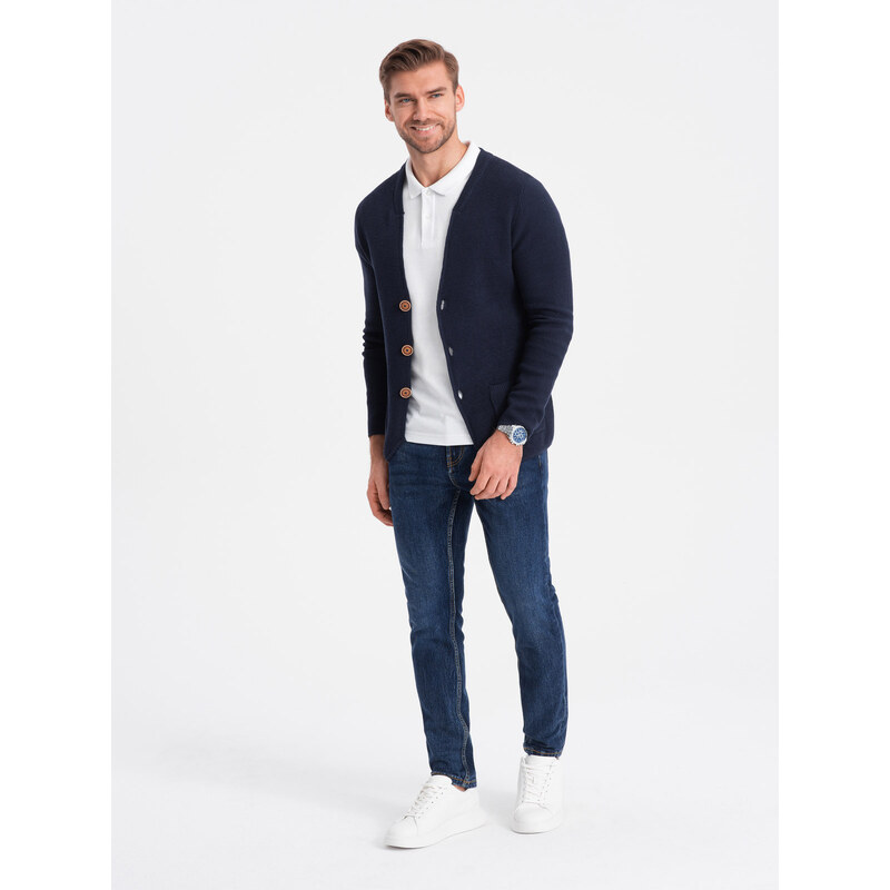 Ombre Men's structured cardigan sweater with pockets - navy blue