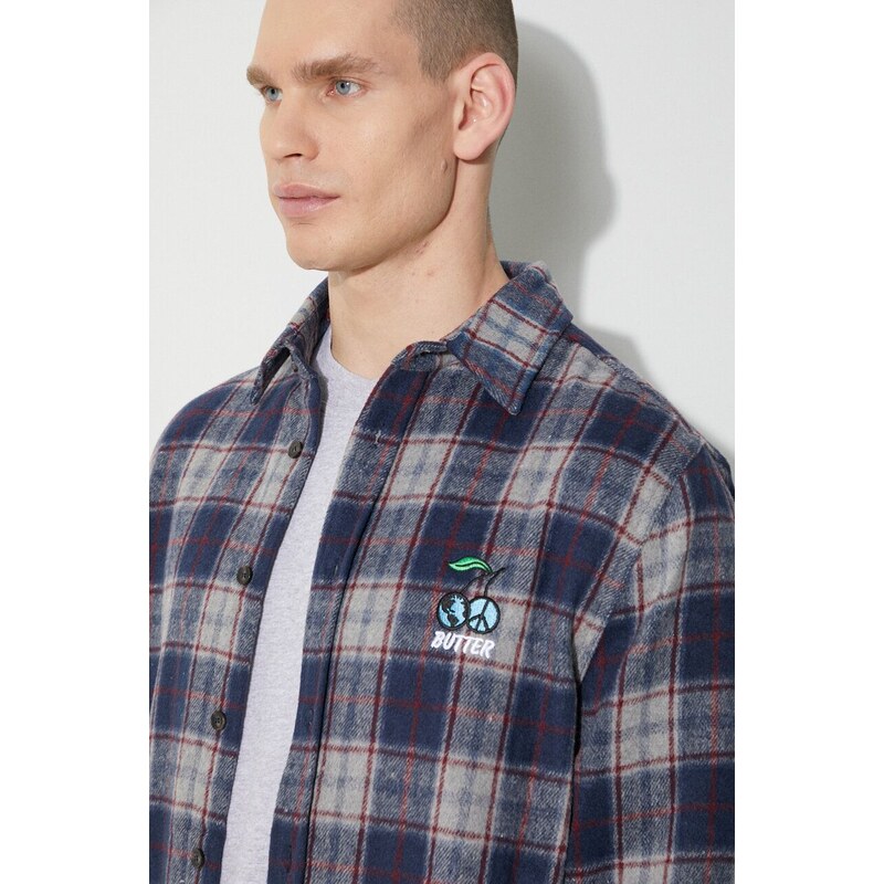 Košile Butter Goods Cherry Flannel Shirt pánská, tmavomodrá barva, regular, s klasickým límcem, BGQ423D12302