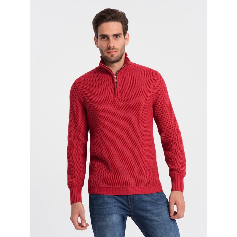 Ombre Clothing Pánský pletený svetr s rozšířeným límcem - červený V8 OM-SWZS-0105
