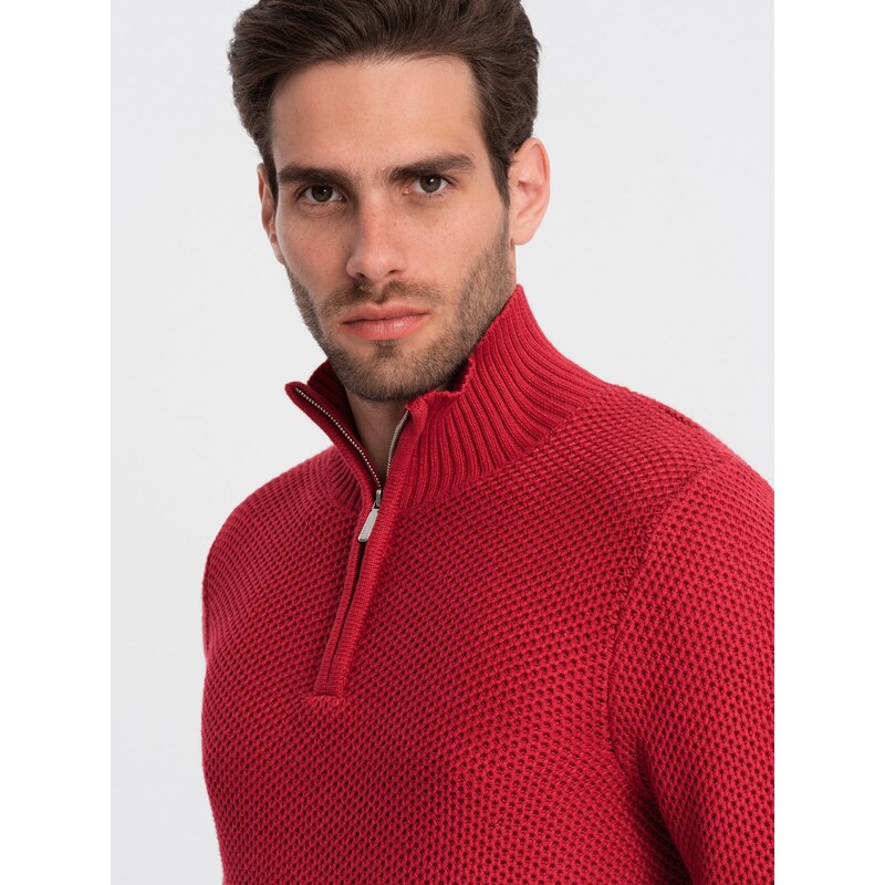 Ombre Clothing Pánský pletený svetr s rozšířeným límcem - červený V8 OM-SWZS-0105