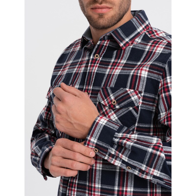 Ombre Men's flannel shirt with buttoned pockets - red and navy blue OM-SHCS