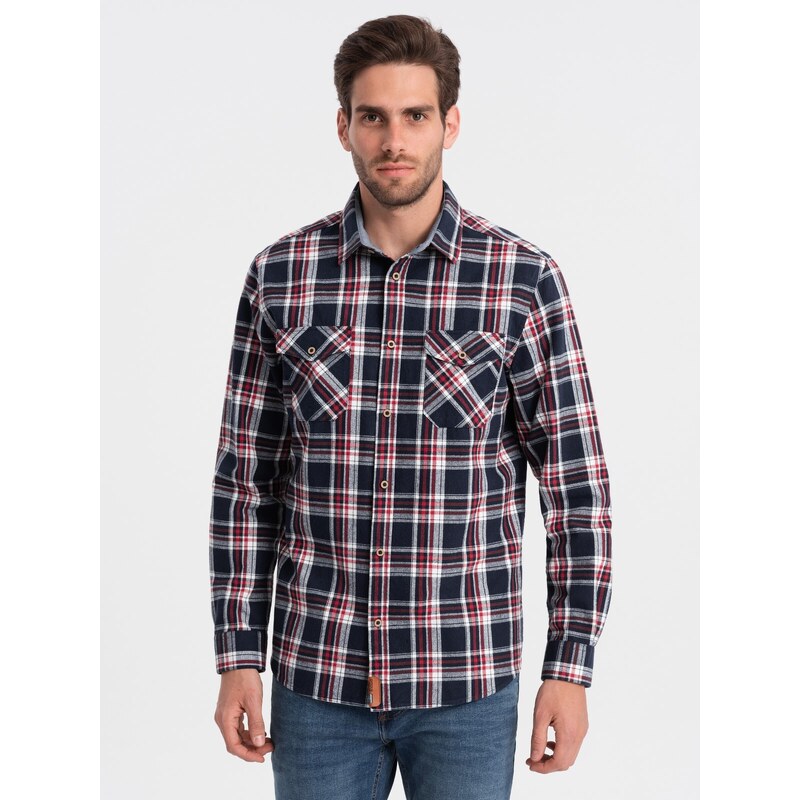 Ombre Men's flannel shirt with buttoned pockets - red and navy blue OM-SHCS