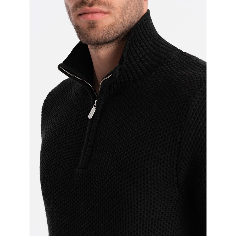 Ombre Clothing Pánský pletený svetr se stojáčkem - černý V3 OM-SWZS-0105