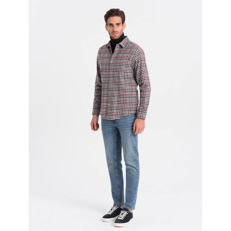 Ombre Men's checkered flannel shirt - navy blue and red