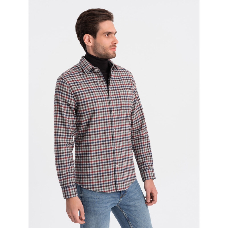 Ombre Men's checkered flannel shirt - navy blue and red