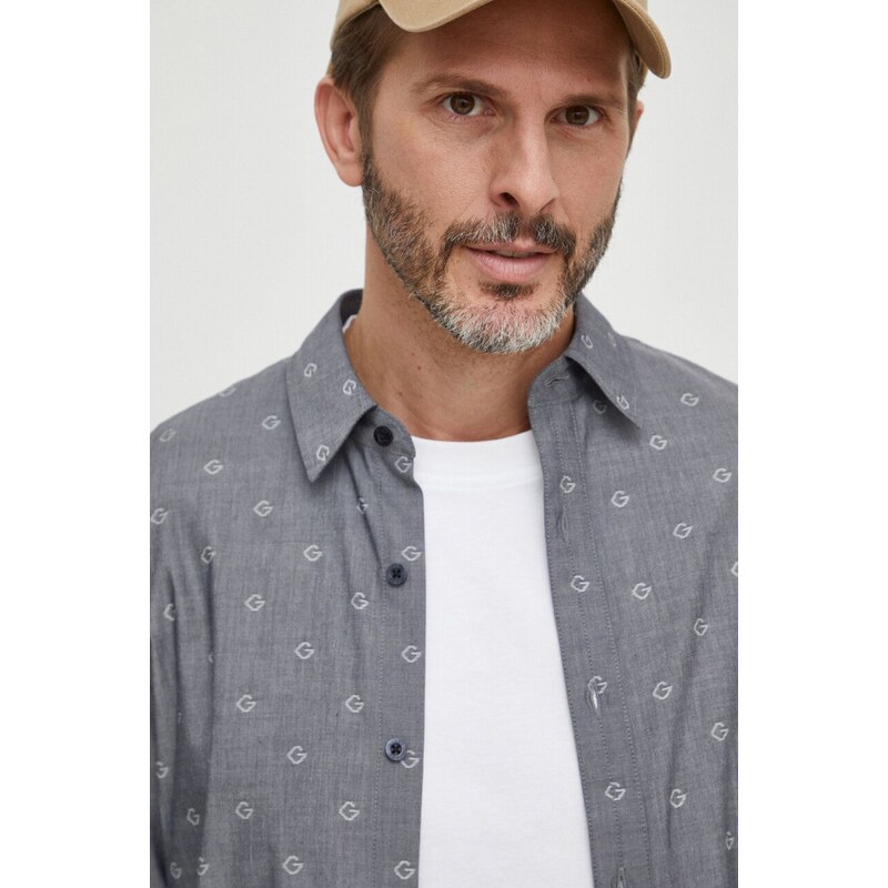 Košile Guess SUNSET pánská, šedá barva, slim, s klasickým límcem, M4RH55 WFXX0