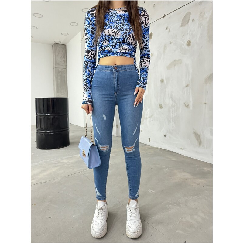 BİKELİFE Blue Laser Patterned High Waist Lycra Denim Pants