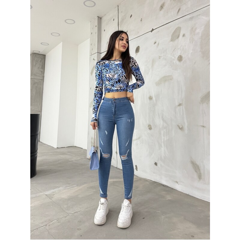 BİKELİFE Blue Laser Patterned High Waist Lycra Denim Pants