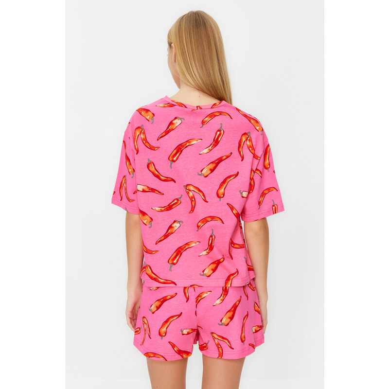 Trendyol Pink 100% Cotton Leisure Patterned Knitted Pajamas Set