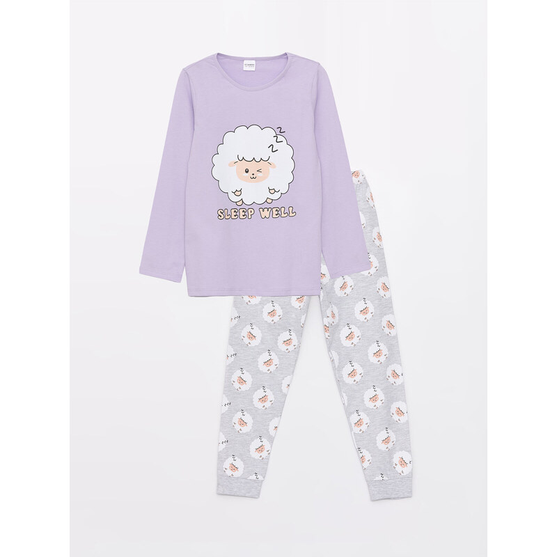 LC Waikiki Crew Neck Printed Long Sleeve Girls Kids Pajamas Set