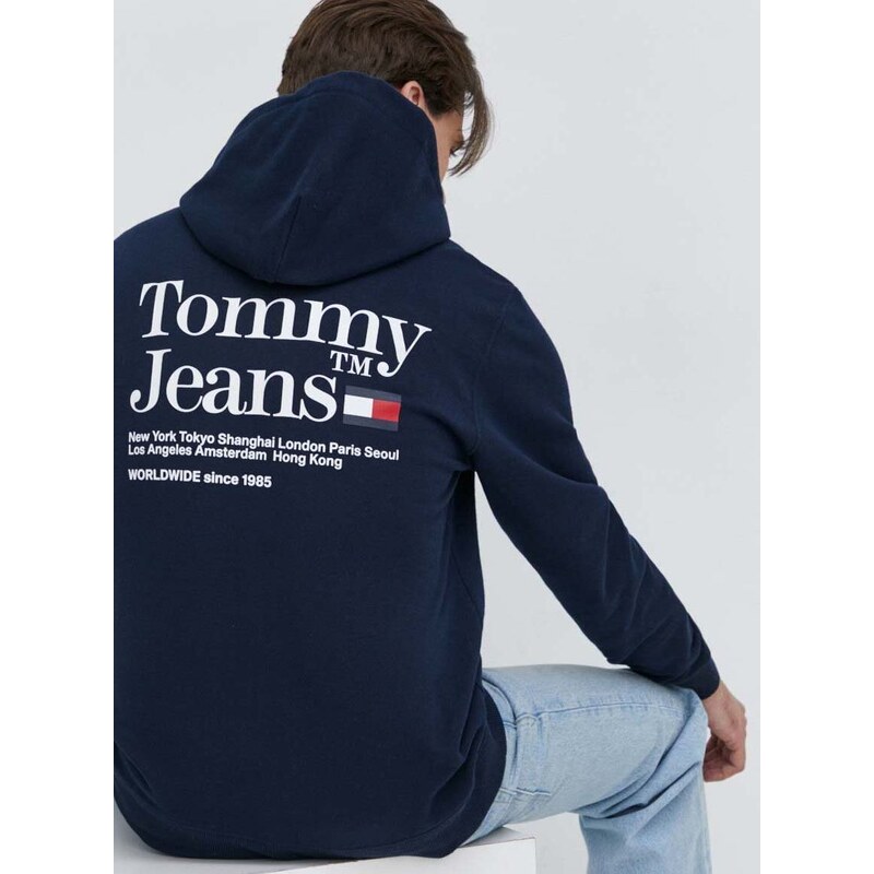 Mikina Tommy Jeans pánská, tmavomodrá barva, s kapucí, s potiskem