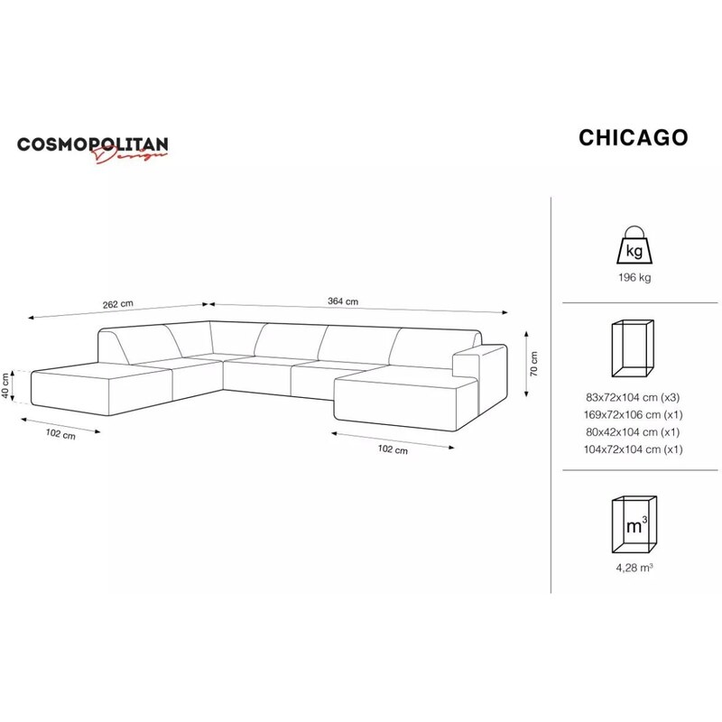 Světle béžová čalouněná rohová pohovka do "U" Cosmopolitan Design Chicago 364 cm, levá