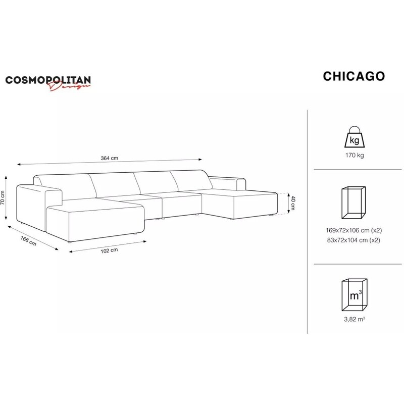 Černá čalouněná rohová pohovka do "U" Cosmopolitan Design Chicago 364 cm