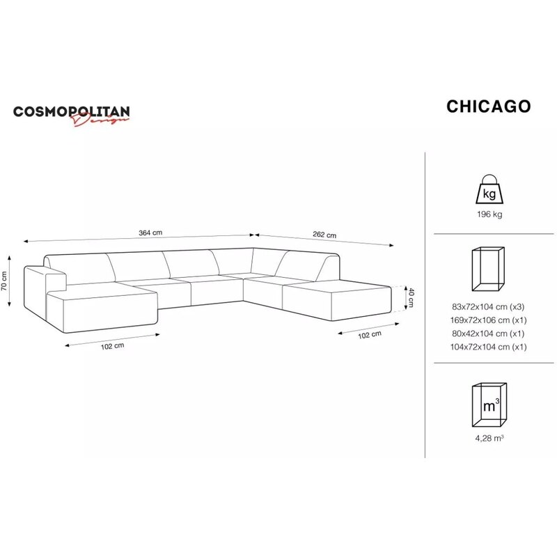 Béžová čalouněná rohová pohovka do "U" Cosmopolitan Design Chicago 364 cm, pravá