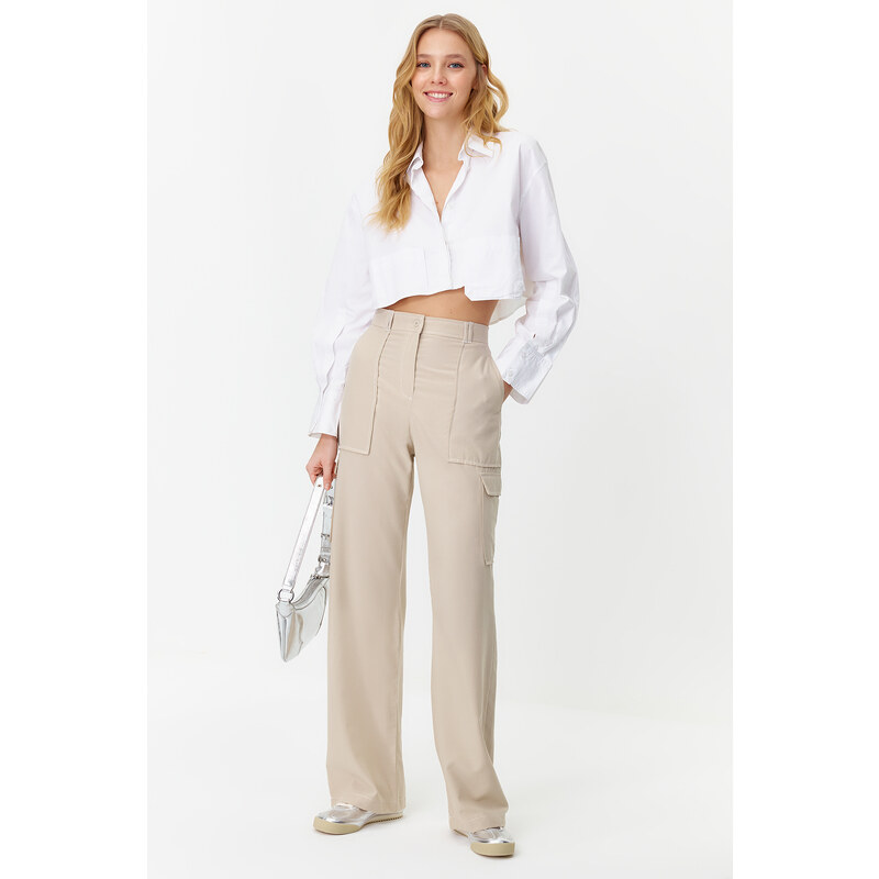 Trendyol Mink Cargo Wide Leg Contrast Stitch Detail Woven Trousers 115740426