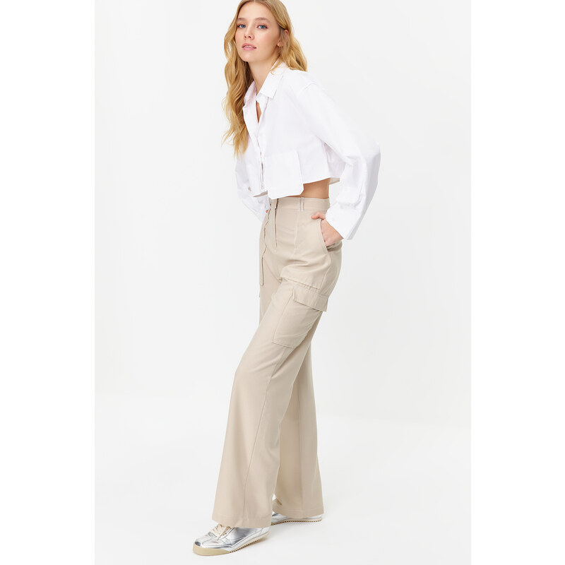 Trendyol Mink Cargo Wide Leg Contrast Stitch Detail Woven Trousers