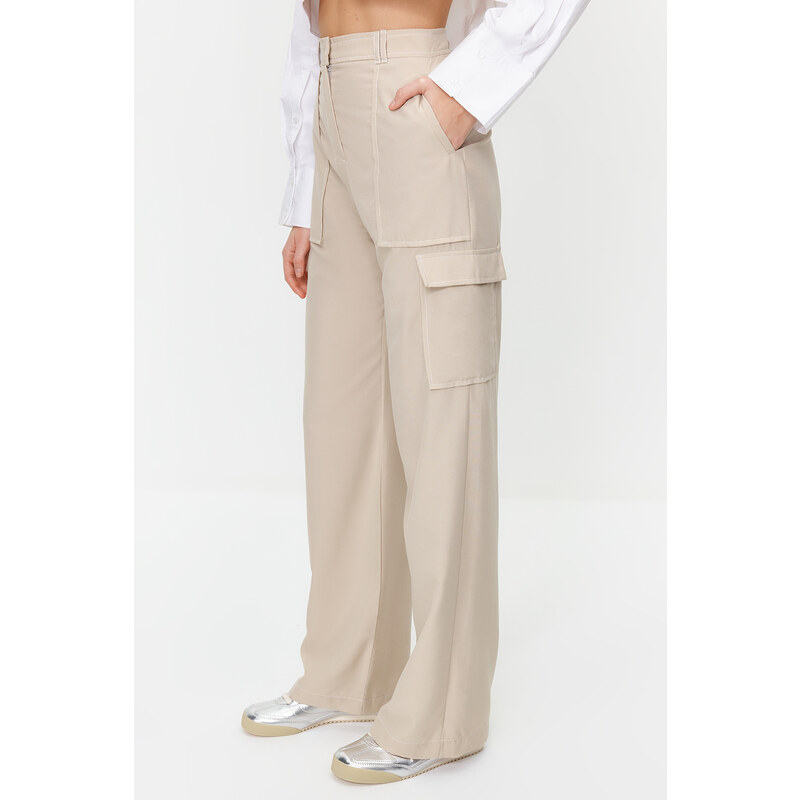 Trendyol Mink Cargo Wide Leg Contrast Stitch Detail Woven Trousers