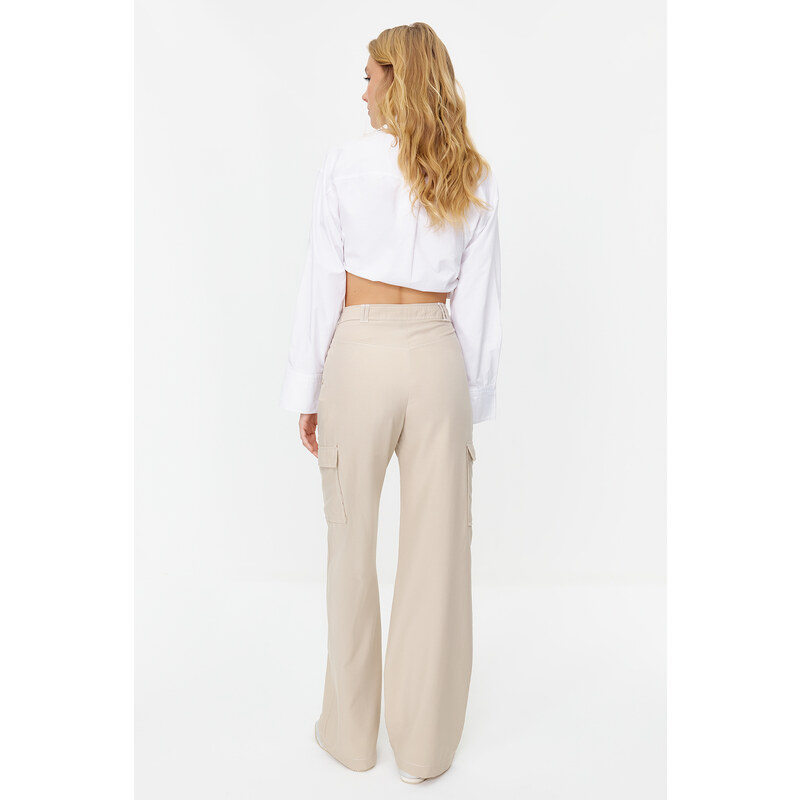 Trendyol Mink Cargo Wide Leg Contrast Stitch Detail Woven Trousers