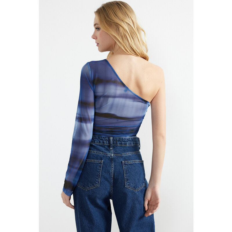 Trendyol Navy Blue Patterned One-Shoulder Fitted/Situated Snaps Knitted Bodysuit