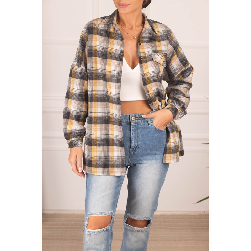 armonika Women's Yellow Plaid Pattern with Pocket Clamshell Oversized Stamped Shirt