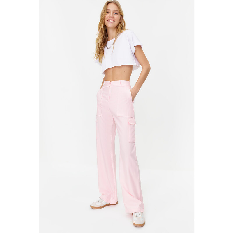 Trendyol Pink Cargo Wide Leg Contrast Stitch Detail Woven Trousers