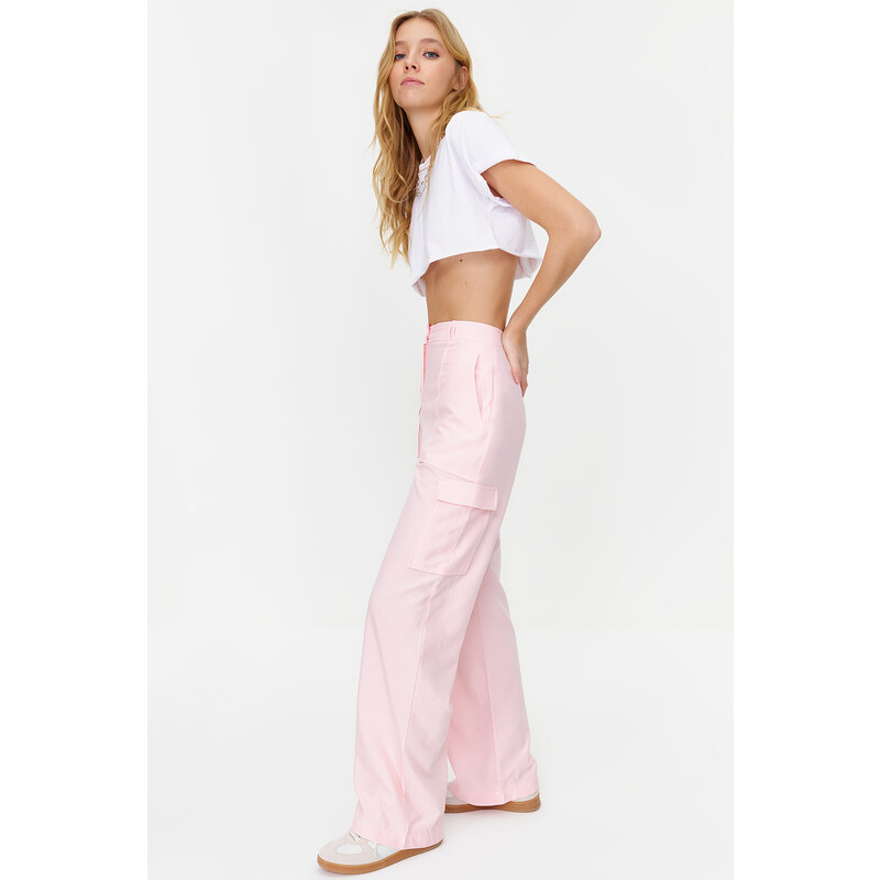 Trendyol Pink Cargo Wide Leg Contrast Stitch Detail Woven Trousers