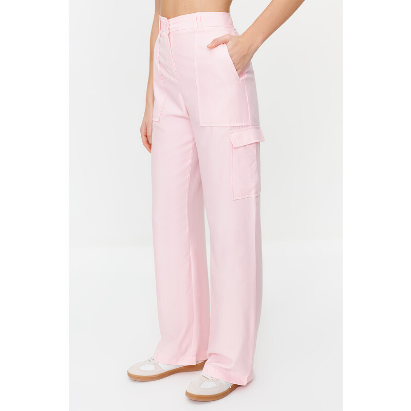 Trendyol Pink Cargo Wide Leg Contrast Stitch Detail Woven Trousers