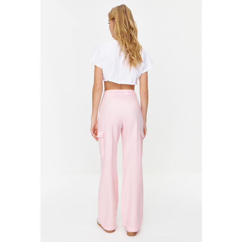 Trendyol Pink Cargo Wide Leg Contrast Stitch Detail Woven Trousers