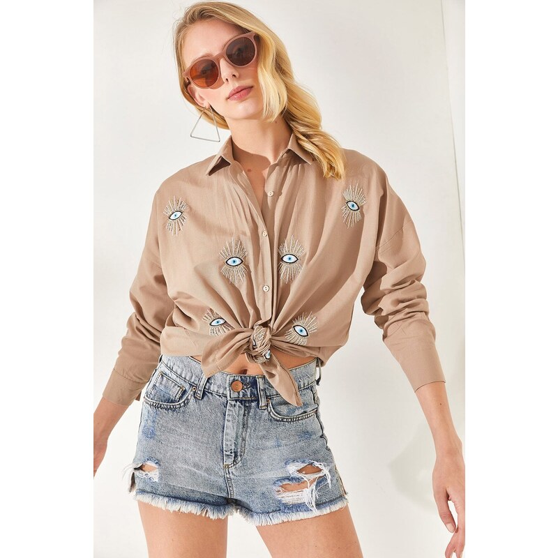 Olalook Mink Sequin Detailed Woven Boyfriend Shirt