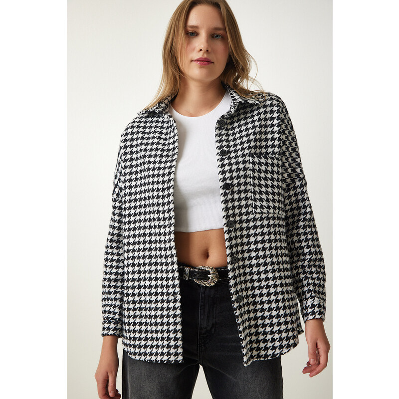 Happiness İstanbul Women's Black and White Houndstooth Patterned Stitch Jacket Shirt