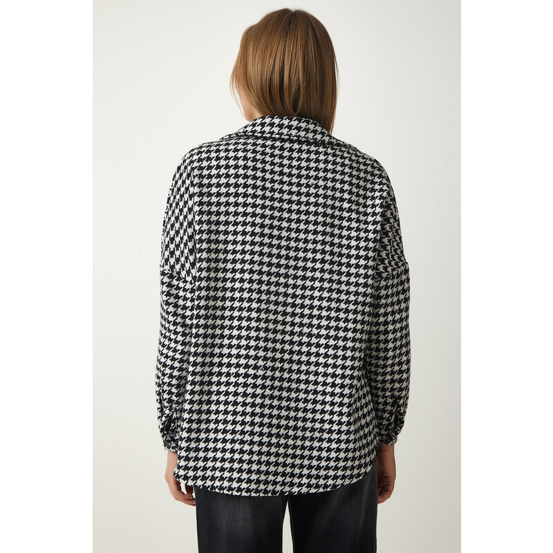 Happiness İstanbul Women's Black and White Houndstooth Patterned Stitch Jacket Shirt